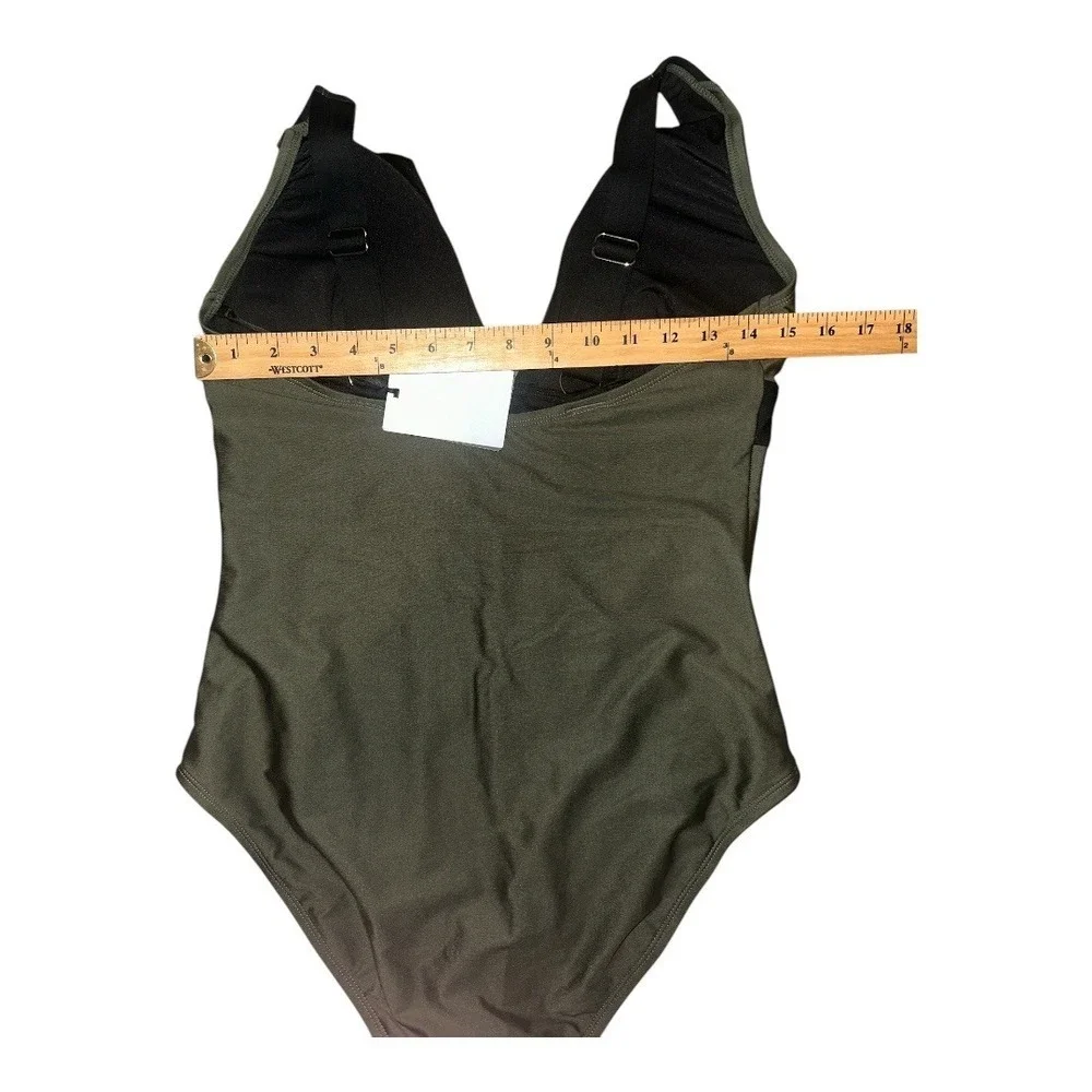 DKNY Green/Black V-Neck Contrast Trim One Piece Swimsuit, Size‎ 12 - Picture 7 of 7